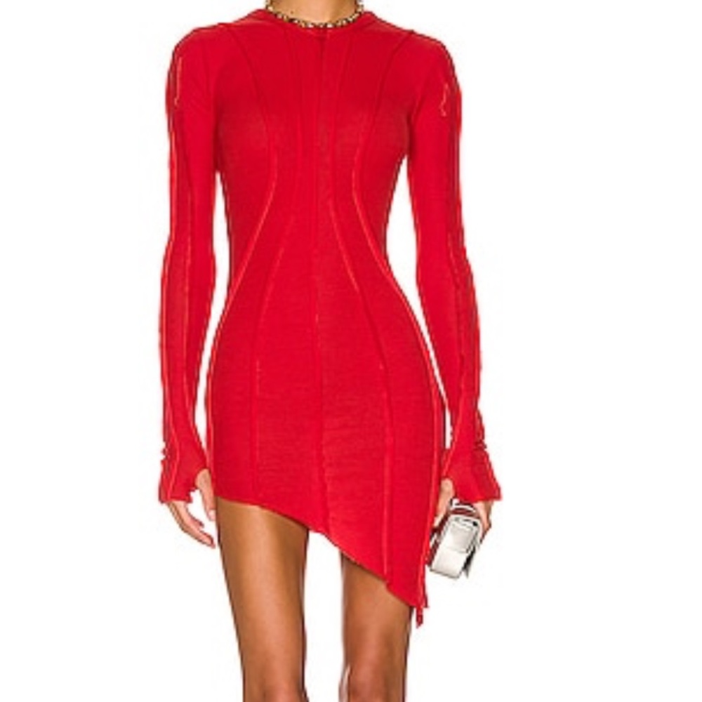 SAMI MIRO VINTAGE ASYMMETRICAL LONG SLEEVE MINI DRESS IN RED SIZE XS